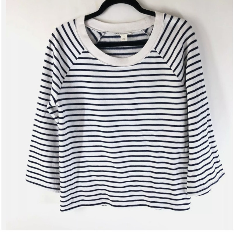 New Caslon Sweatshirt Crew Neck 3/4 Sleeve Fleece Lined Striped Blue White Xl